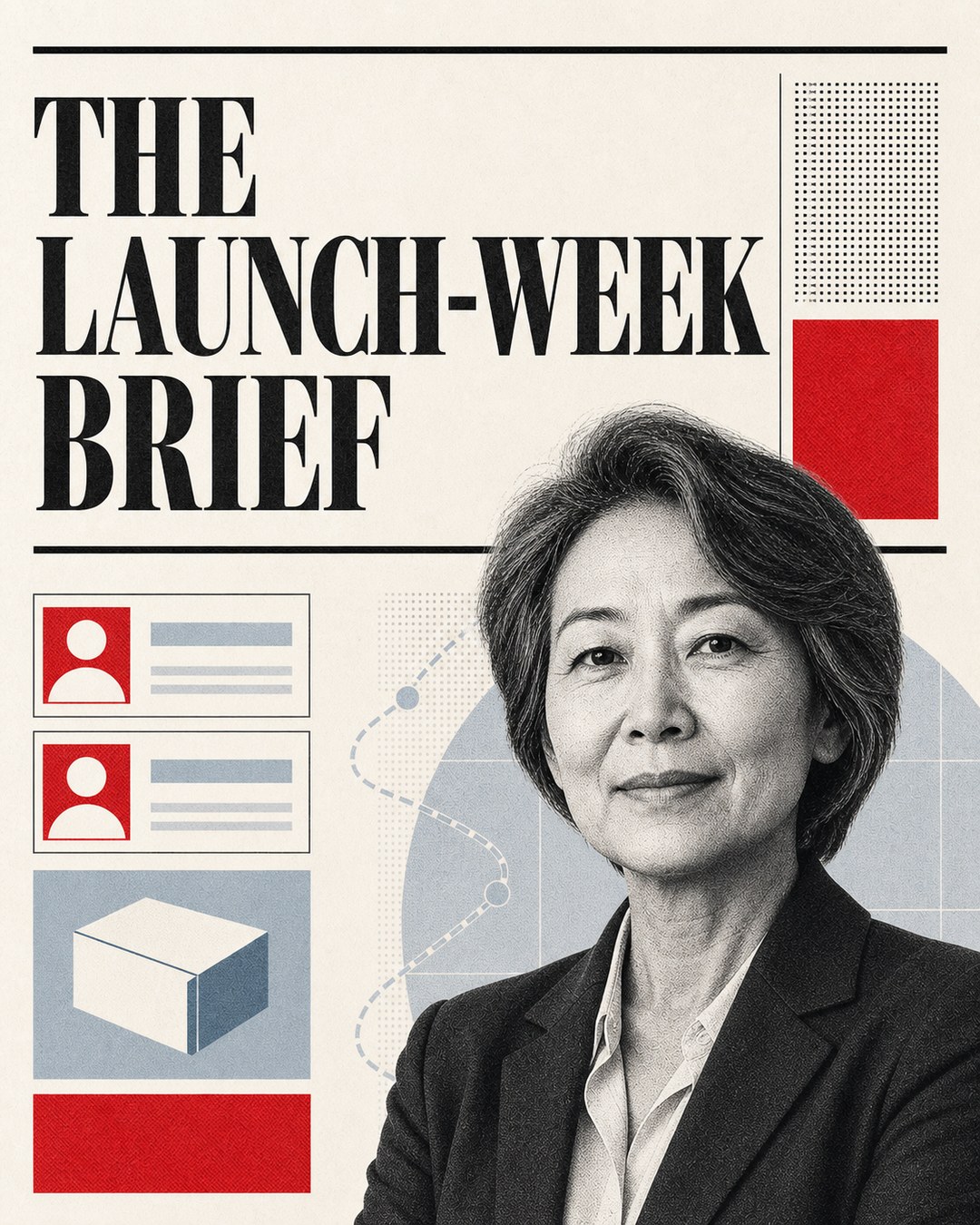 LinkedIn graphic reading “THE LAUNCH-WEEK BRIEF” over a mature businesswoman in a dark blazer beside technical diagram graphics