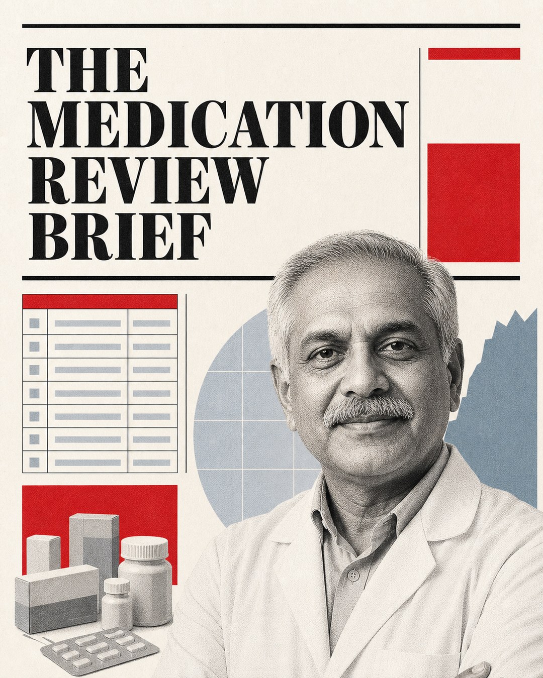 LinkedIn graphic reading “THE
MEDICATION
REVIEW
BRIEF” over a doctor or pharmacist in a lab coat next to medicine graphics