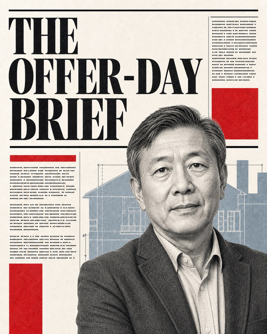 LinkedIn carousel cover design reading “THE OFFER-DAY BRIEF” over a middle-aged Asian man in a blazer in front of an architectural blueprint