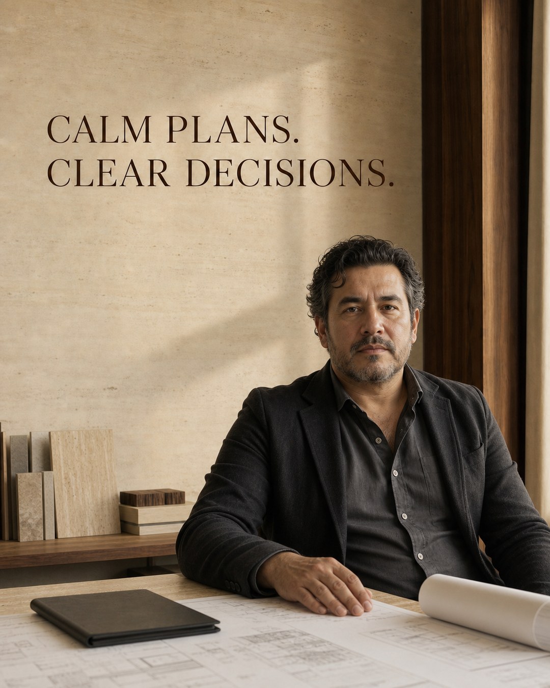 LinkedIn graphic reading “CALM PLANS.
CLEAR DECISIONS.” over a mature architect in a dark jacket sitting at a desk with blueprints and stone samples