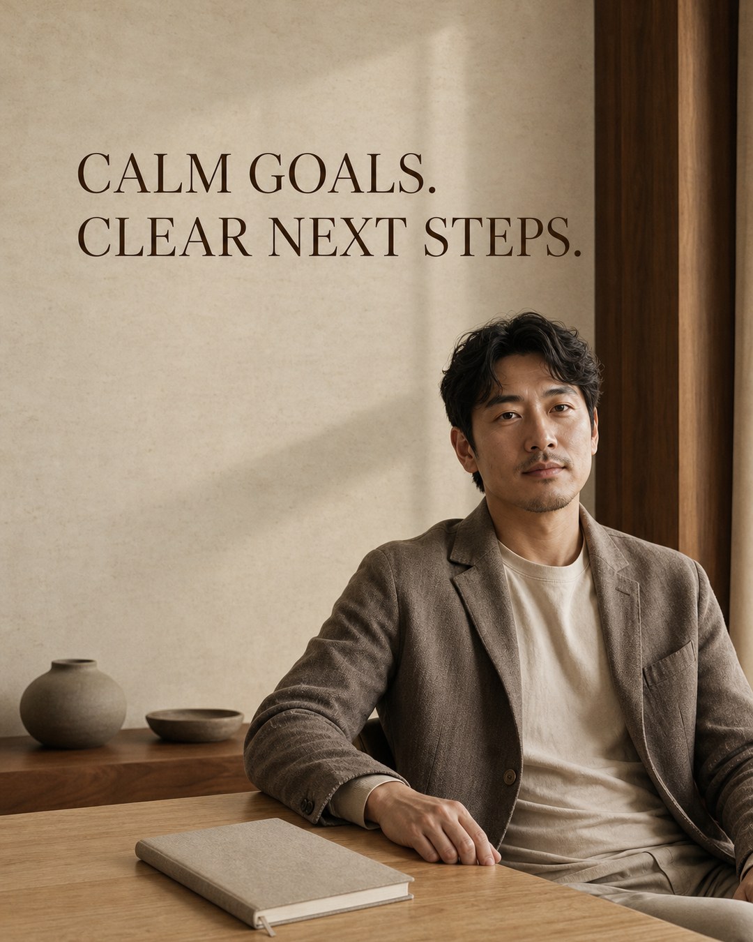 LinkedIn graphic reading “CALM GOALS.
CLEAR NEXT STEPS.” over a man in a brown jacket sitting at a wooden desk with a notebook
