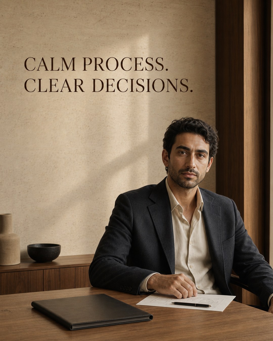 LinkedIn graphic reading “CALM PROCESS.
CLEAR DECISIONS.” over a man in a dark blazer seated at a wooden office desk