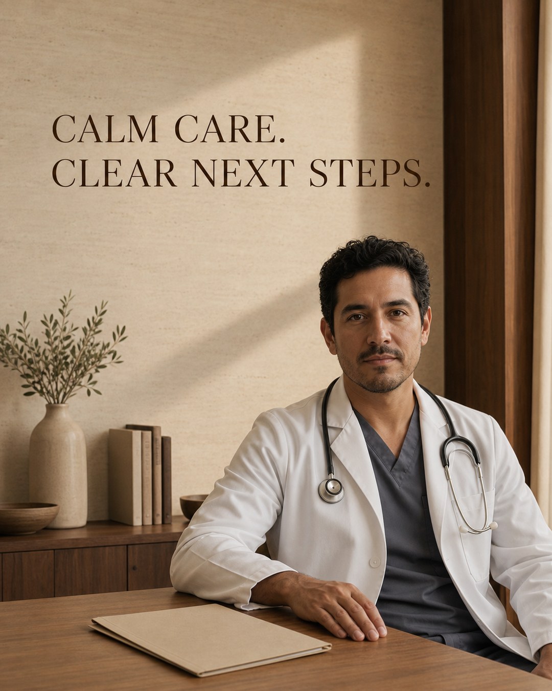 LinkedIn graphic reading “CALM CARE.
CLEAR NEXT STEPS.” over a male doctor in a white coat sitting at a desk with a stethoscope