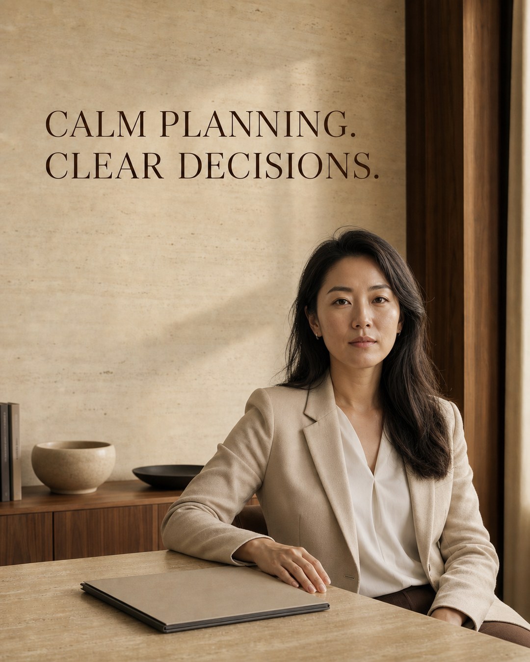 LinkedIn graphic reading “CALM PLANNING. CLEAR DECISIONS.” over a woman in a beige blazer sitting at a stone desk in a minimalist office