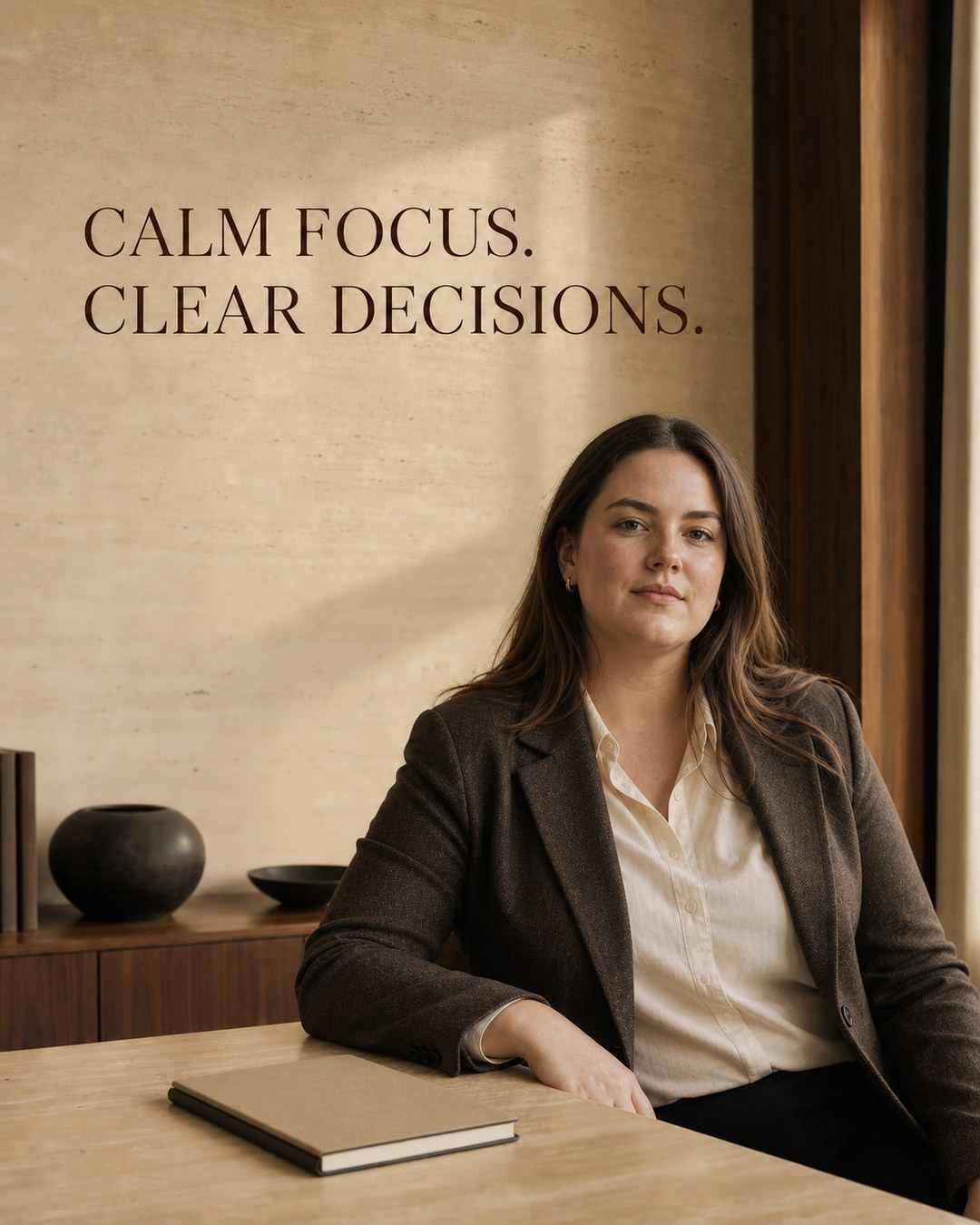 LinkedIn graphic reading “CALM FOCUS. CLEAR DECISIONS.” over a woman in a brown blazer sitting at a wooden desk