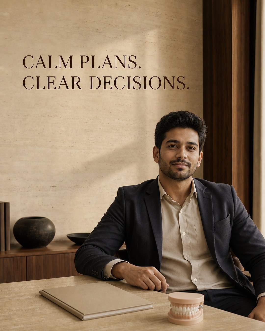 LinkedIn graphic reading “CALM PLANS.
CLEAR DECISIONS.” over a professional man in a suit jacket seated at a desk