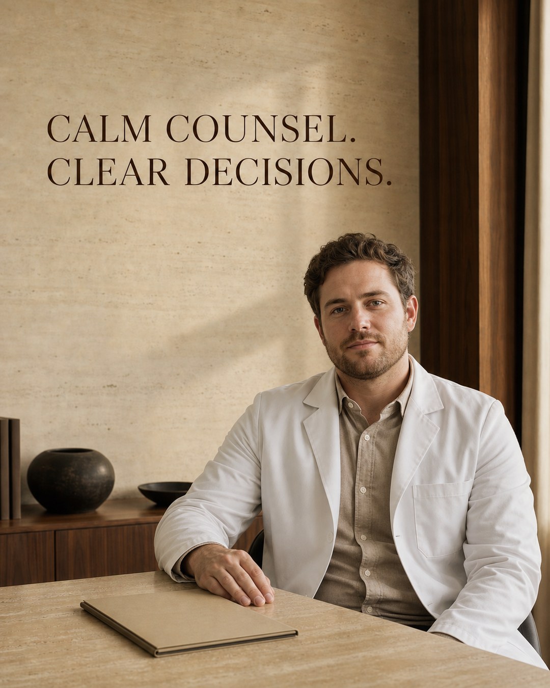 LinkedIn graphic reading “CALM COUNSEL.
CLEAR DECISIONS.” over a man in a white jacket sitting at a stone desk