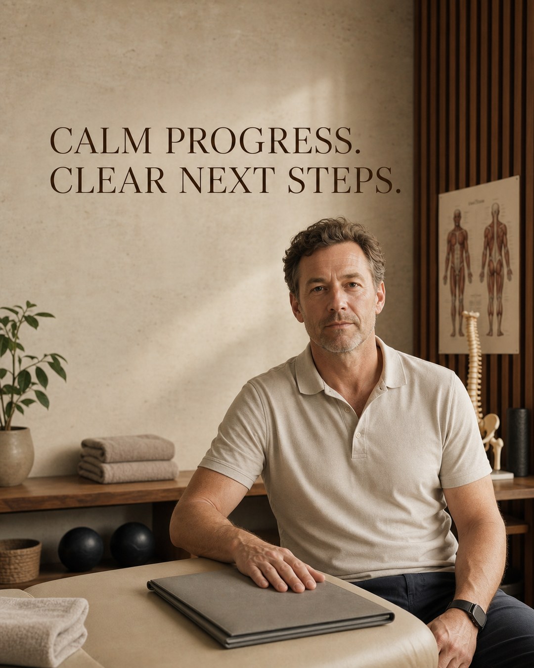 LinkedIn graphic reading “CALM PROGRESS. CLEAR NEXT STEPS.” over a male physical therapist in a beige polo shirt sitting beside a treatment table in a clinic