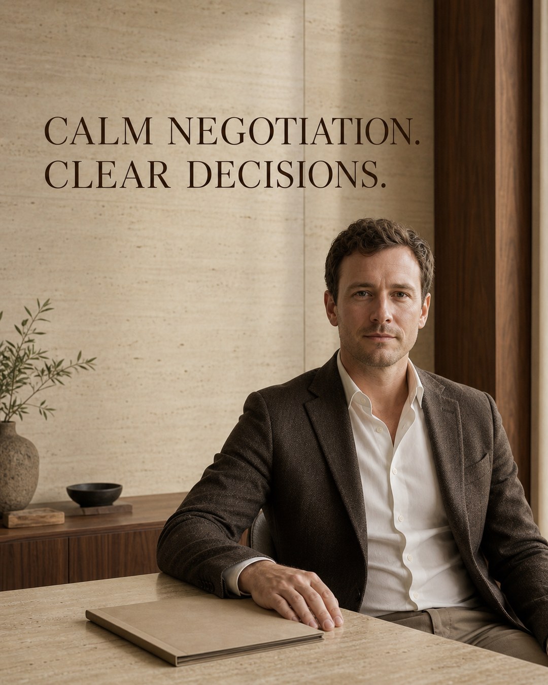 LinkedIn carousel cover design reading “CALM NEGOTIATION. CLEAR DECISIONS.” over a man in a dark blazer sitting at an office desk