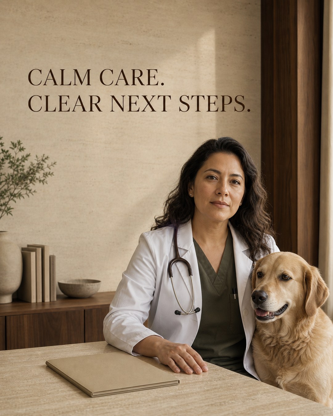 LinkedIn graphic reading “CALM CARE.
CLEAR NEXT STEPS.” over a female veterinarian sitting at a desk next to a golden retriever