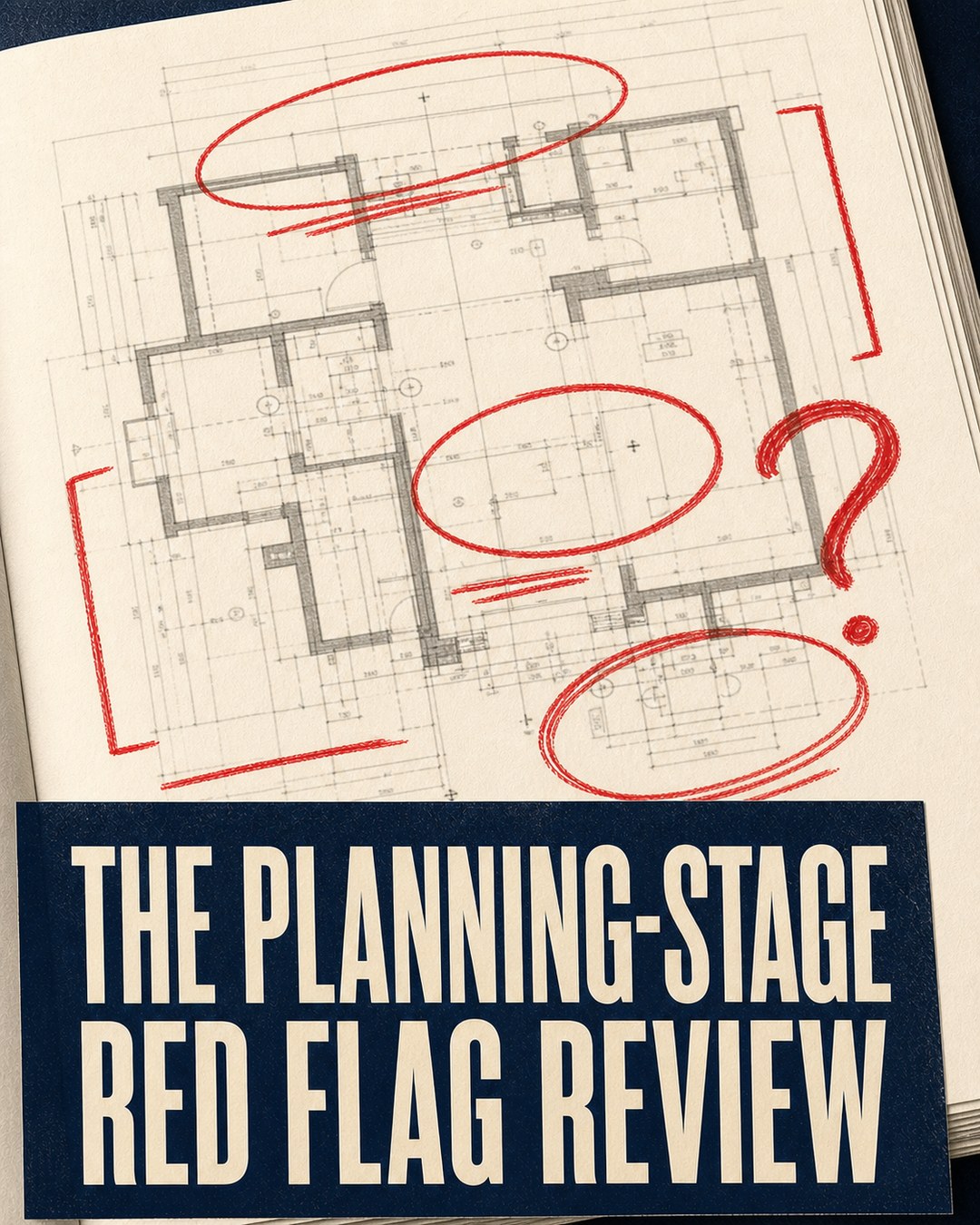 LinkedIn graphic reading “THE PLANNING-STAGE RED FLAG REVIEW” over an architectural floor plan with red markup circles and a question mark
