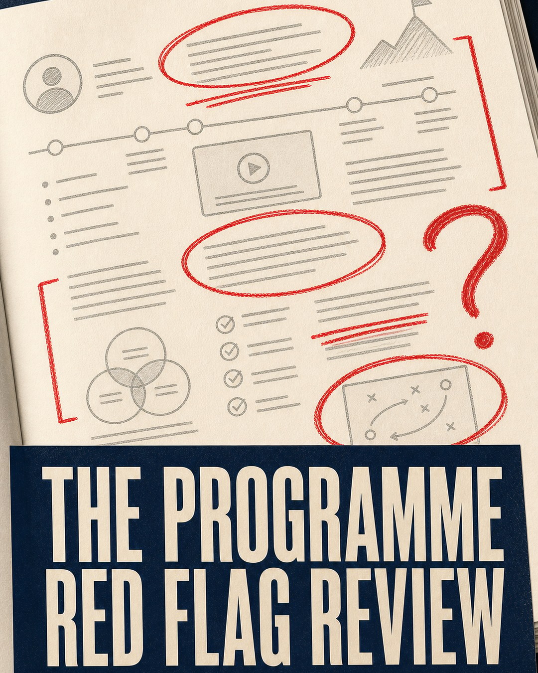 LinkedIn graphic reading “THE PROGRAMME
RED FLAG REVIEW” over a notebook page filled with pencil diagrams and wireframes marked up in red pencil