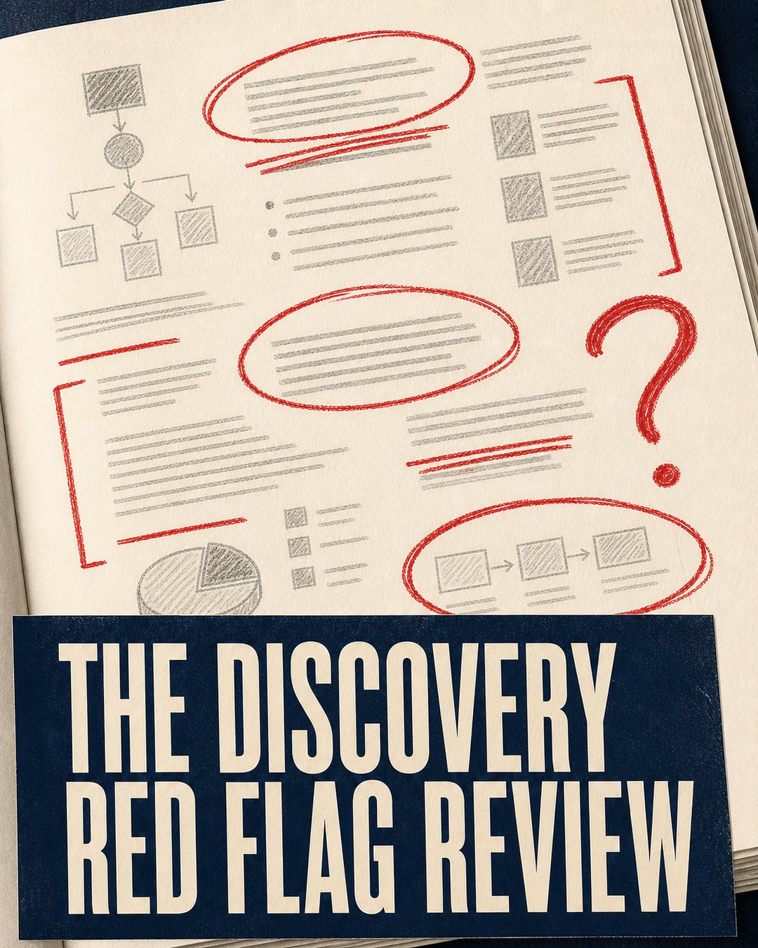LinkedIn graphic reading “THE DISCOVERY
RED FLAG REVIEW” over a notebook page filled with pencil sketches and red review annotations