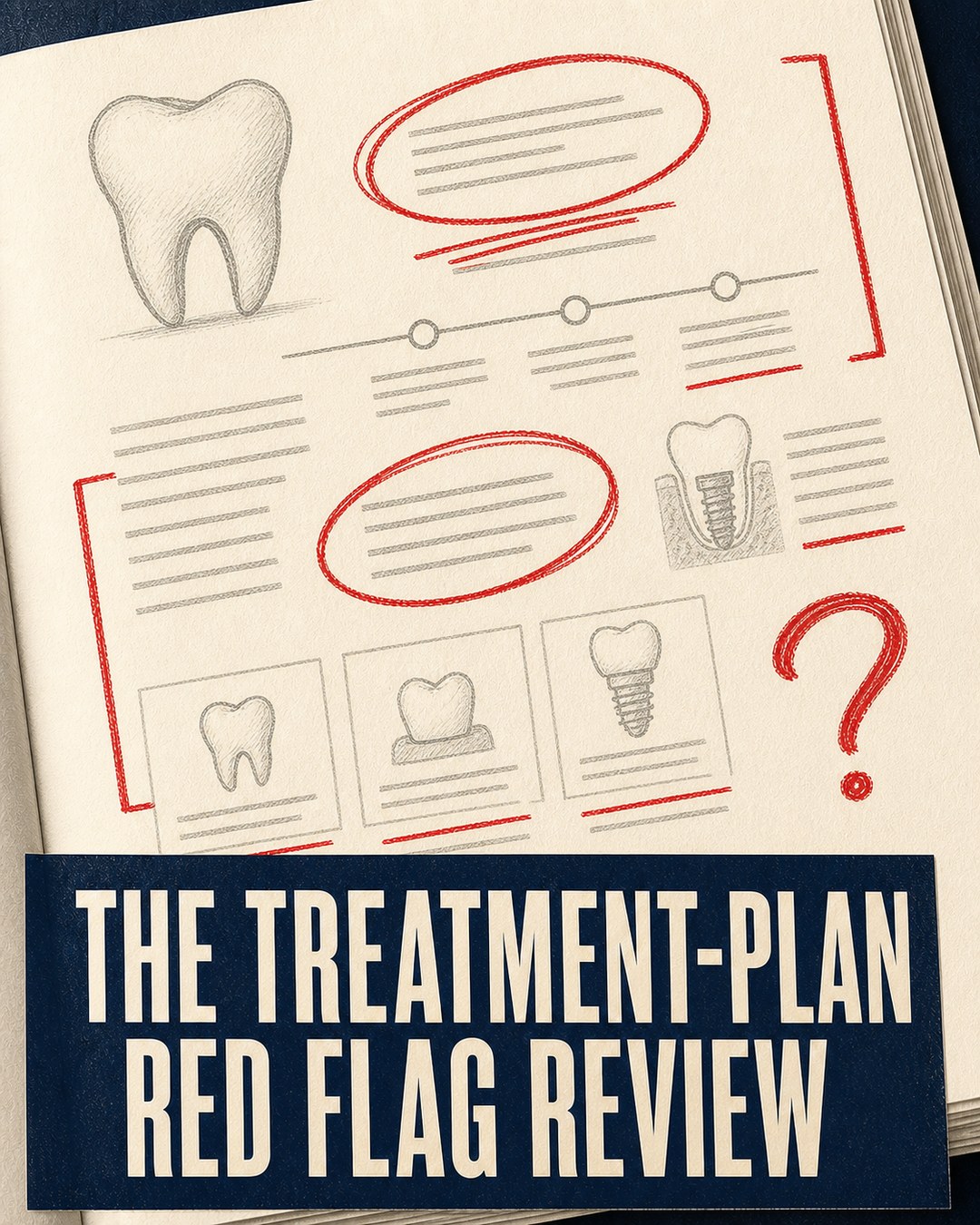 LinkedIn graphic reading “THE TREATMENT-PLAN RED FLAG REVIEW” over a notebook page filled with pencil dental sketches and red pen annotations