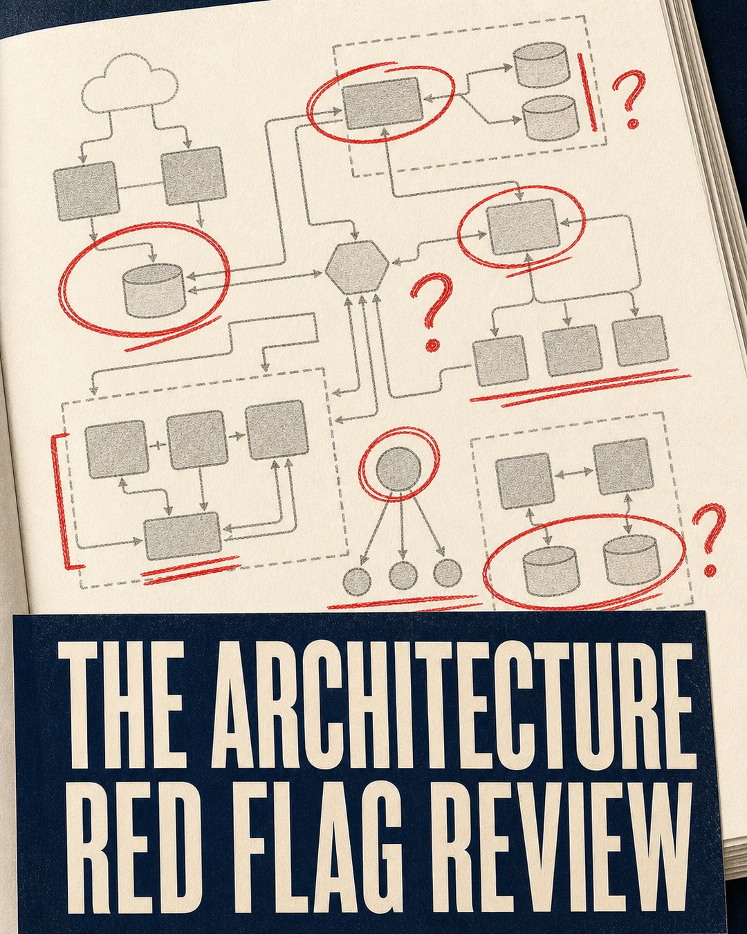 LinkedIn graphic reading “THE ARCHITECTURE
RED FLAG REVIEW” over a notebook page filled with an architecture flowchart marked up with red circles and question marks