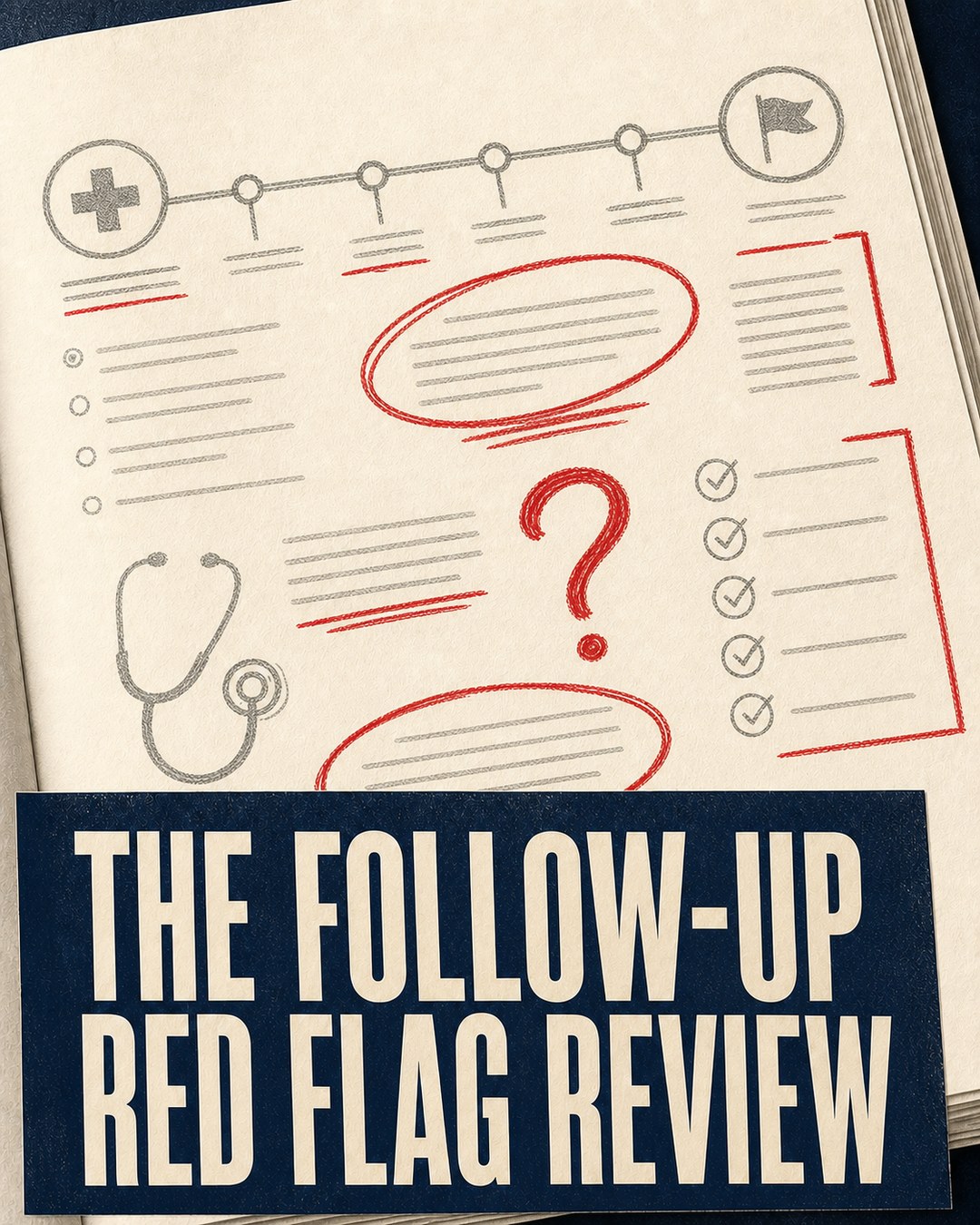 LinkedIn graphic reading “THE FOLLOW-UP RED FLAG REVIEW” over an open sketchbook page with hand-drawn medical notes and red annotations
