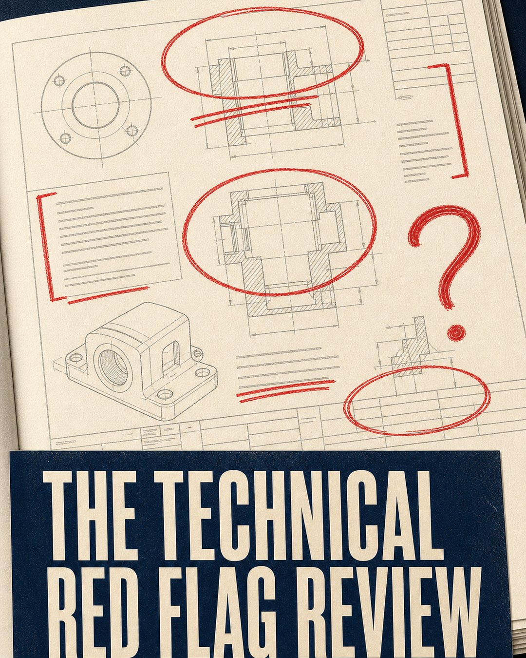 LinkedIn graphic reading “THE TECHNICAL
RED FLAG REVIEW” over an engineering blueprint diagram marked with red pencil circles and annotations