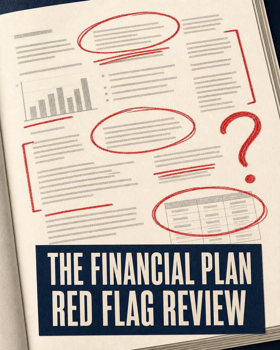 LinkedIn graphic reading “THE FINANCIAL PLAN
RED FLAG REVIEW” over a printed financial document marked up with red pencil annotations, circles, and a question mark