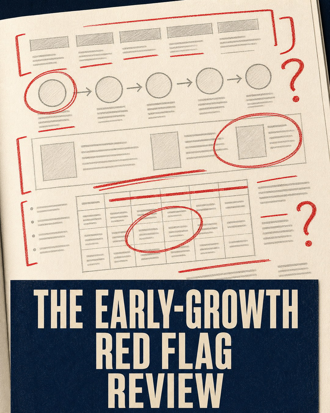 LinkedIn graphic reading “THE EARLY-GROWTH
RED FLAG
REVIEW” over a sketched wireframe process diagram annotated with red pencil markups