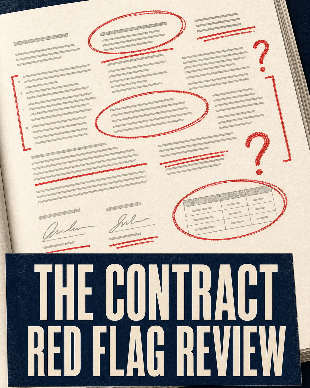 LinkedIn graphic reading “THE CONTRACT
RED FLAG REVIEW” over a printed contract covered in red pen audit marks and question marks