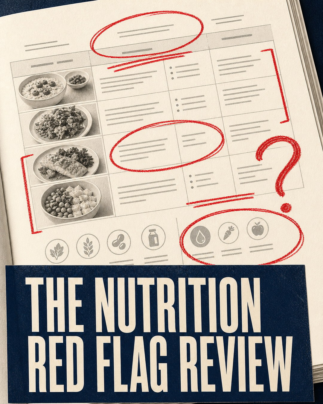LinkedIn graphic reading “THE NUTRITION
RED FLAG REVIEW” over a printed meal plan document marked up with red ink circles and notes
