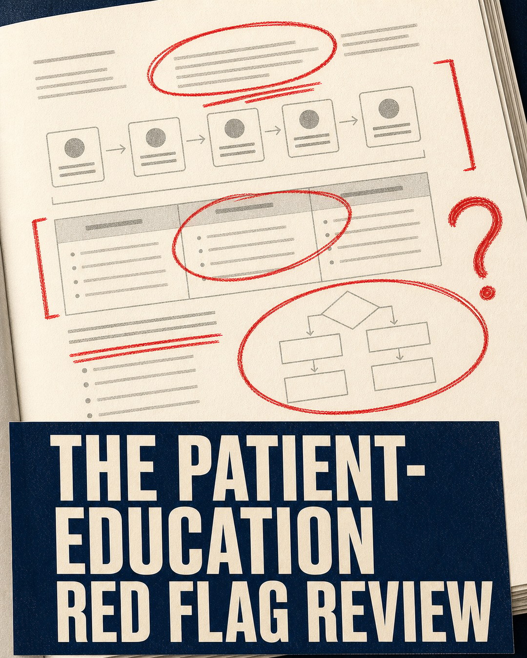 LinkedIn graphic reading “THE PATIENT-EDUCATION RED FLAG REVIEW” over an open document filled with wireframes and charts marked up with red proofreading annotations