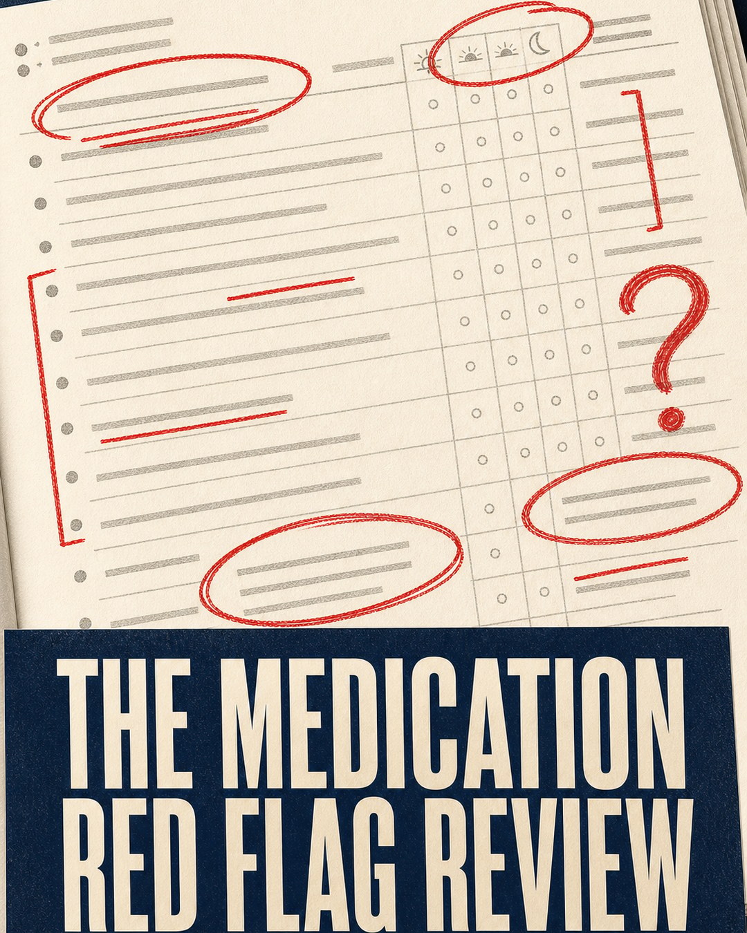 LinkedIn graphic reading “THE MEDICATION
RED FLAG REVIEW” over a medication schedule chart annotated with red pen circles and a question mark