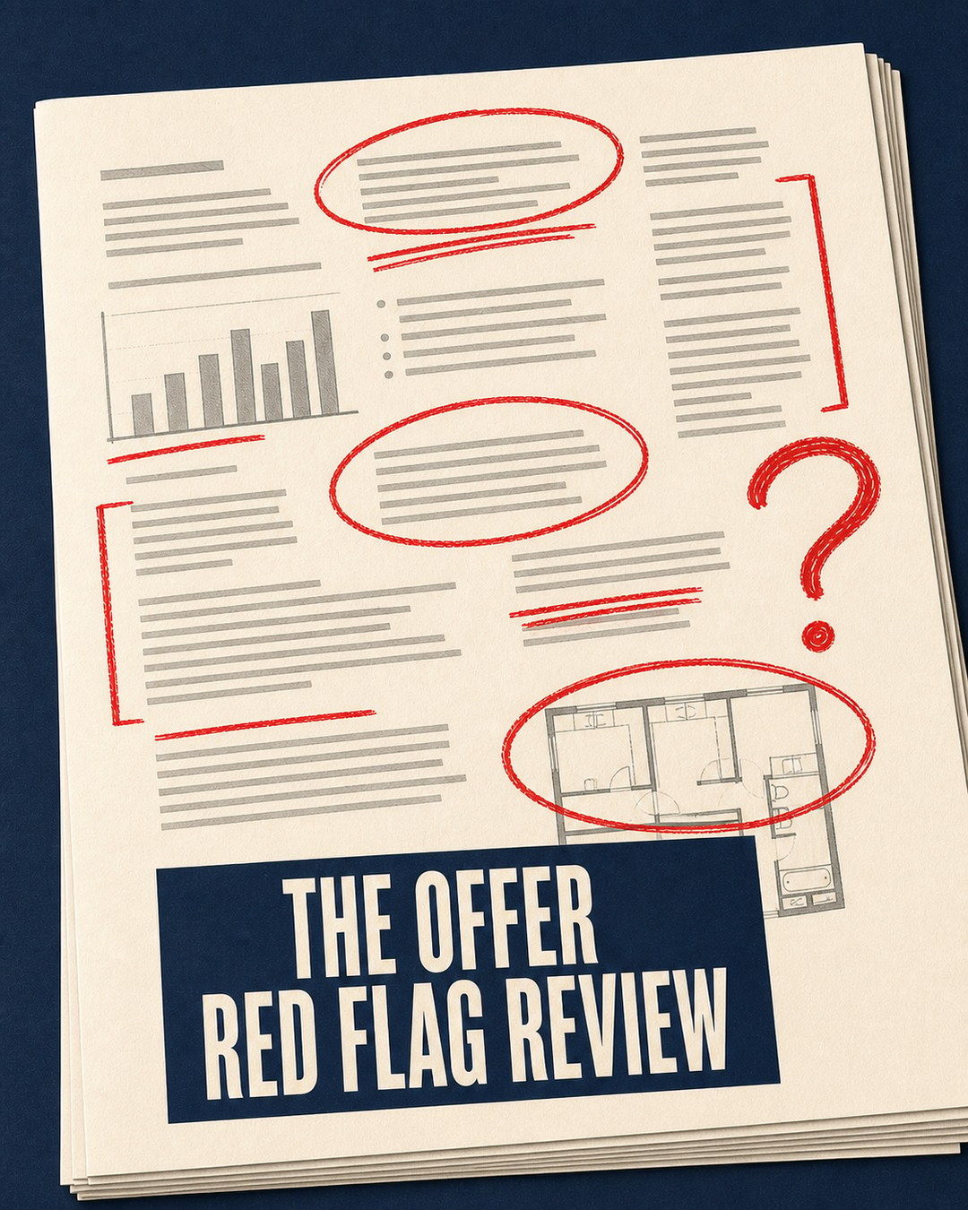 LinkedIn graphic reading “THE OFFER RED FLAG REVIEW” over a marked-up paper document with red review notes and circles