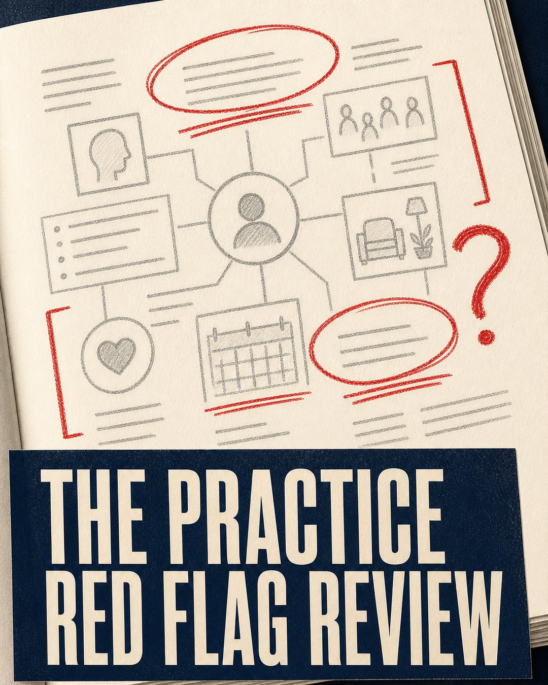 LinkedIn graphic reading “THE PRACTICE
RED FLAG REVIEW” over a sketched workflow diagram in an open notebook with red crayon annotations