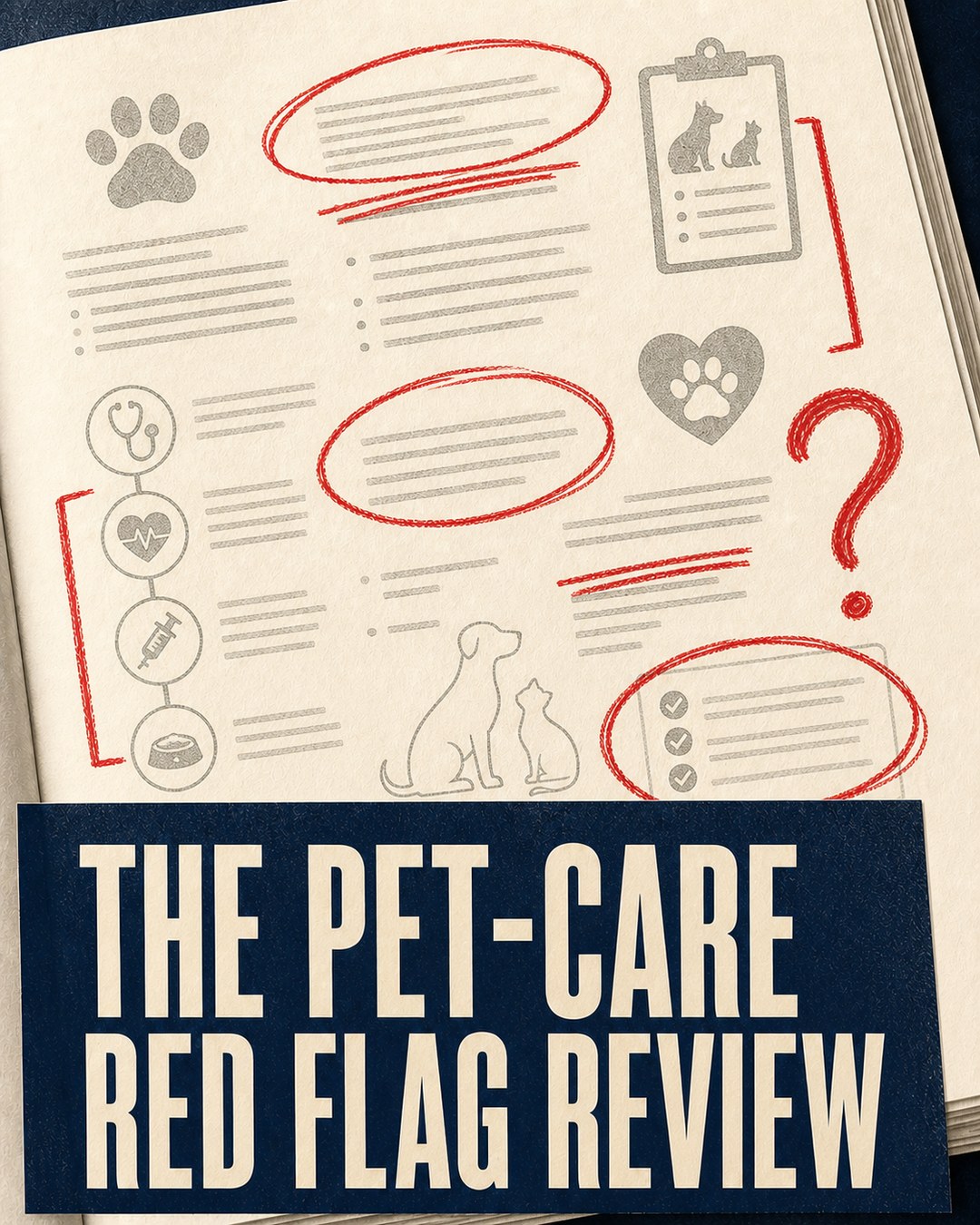 LinkedIn graphic reading “THE PET-CARE
RED FLAG REVIEW” over an open notebook page filled with pet care diagram sketches, wireframe text, and red circled annotations