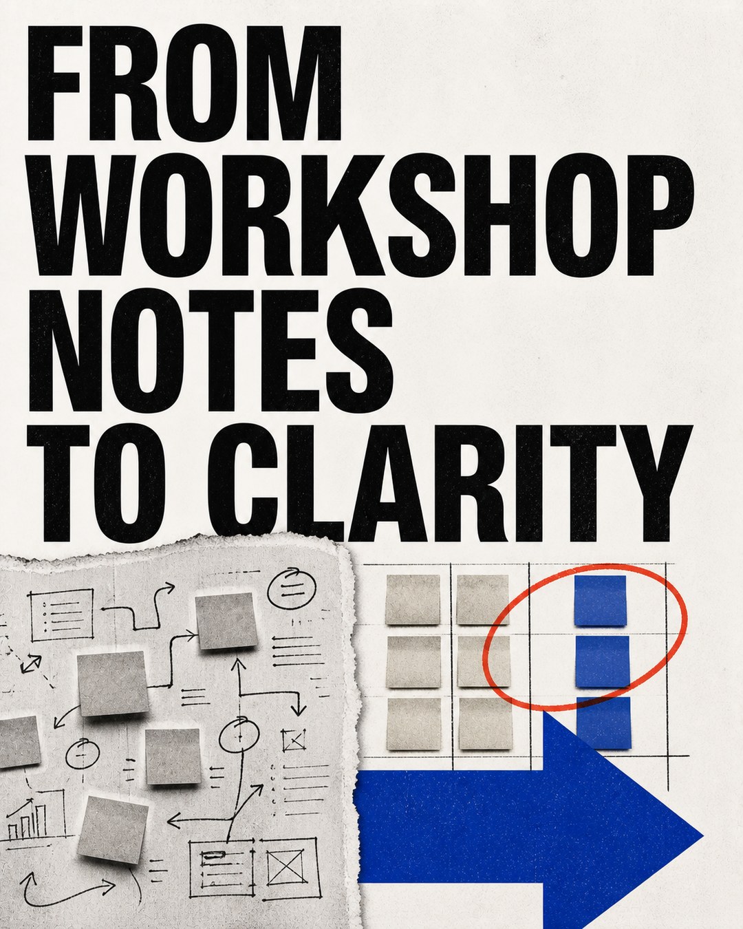 LinkedIn graphic reading “FROM WORKSHOP NOTES TO CLARITY” over a torn sheet of messy brainstorm sketches next to an organized grid of sticky notes