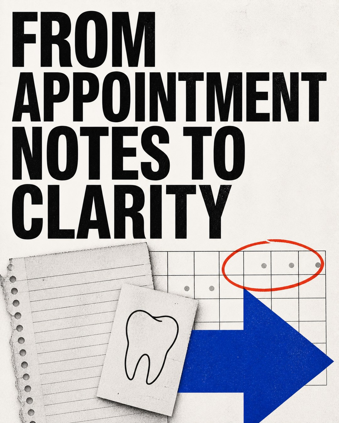 LinkedIn graphic reading “FROM
APPOINTMENT
NOTES TO
CLARITY” over a collage of paper notes, a tooth sketch, a calendar grid, and a blue arrow