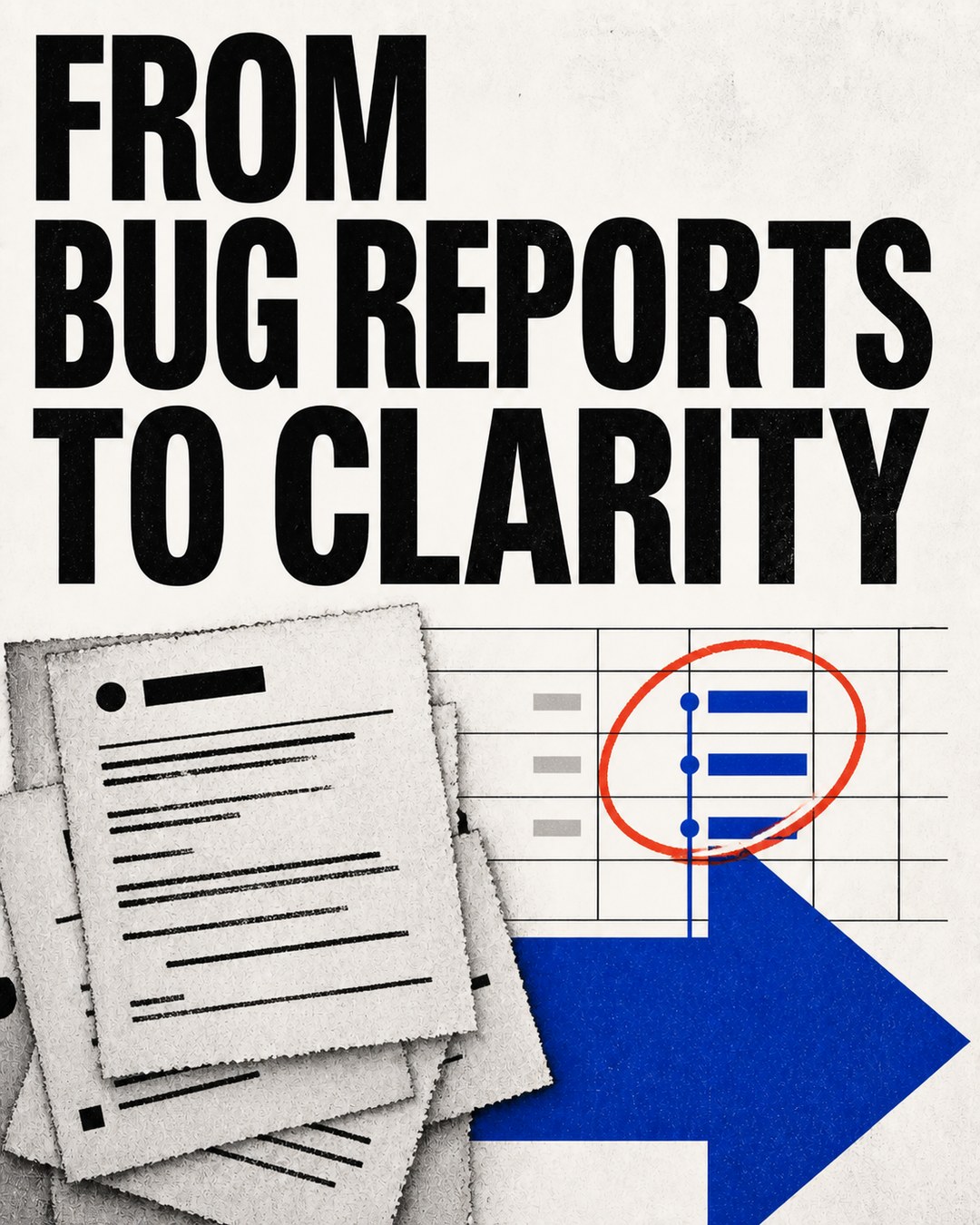 LinkedIn graphic reading “FROM BUG REPORTS TO CLARITY” over a stack of bug reports transitioning into an organized roadmap chart