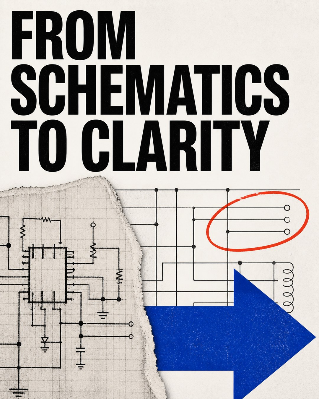 LinkedIn graphic reading “FROM
SCHEMATICS
TO CLARITY” over a technical electronic circuit schematic with a torn paper collage effect and a blue pointer arrow