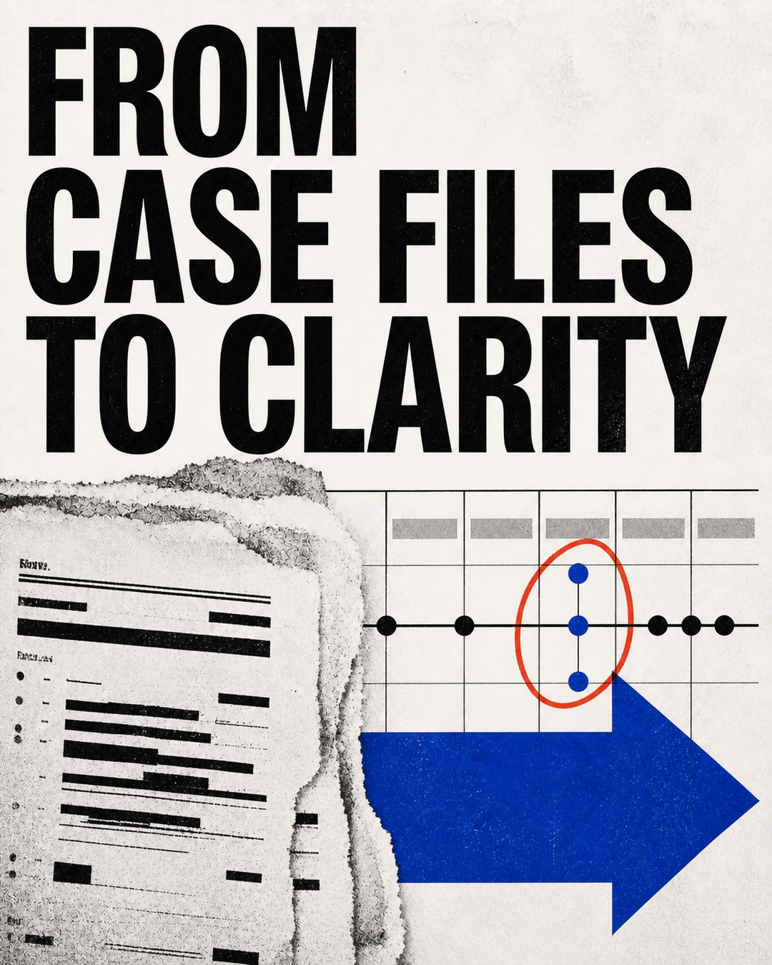 LinkedIn graphic reading “FROM CASE FILES TO CLARITY” over torn redacted case documents transitioning into a clean process diagram with a blue arrow
