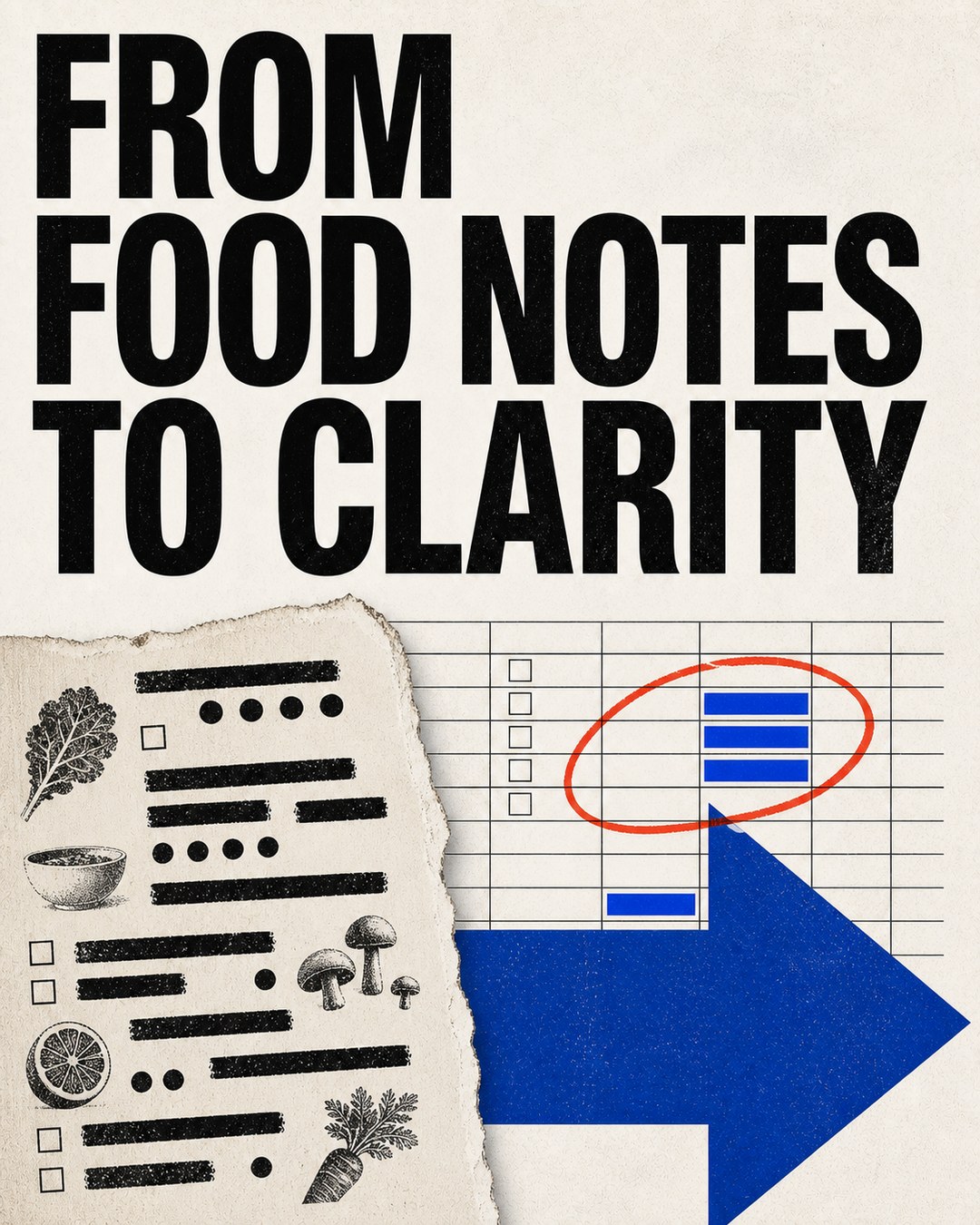 LinkedIn graphic reading “FROM
FOOD NOTES
TO CLARITY” over torn food notes paper transitioning into an organized spreadsheet with a blue arrow