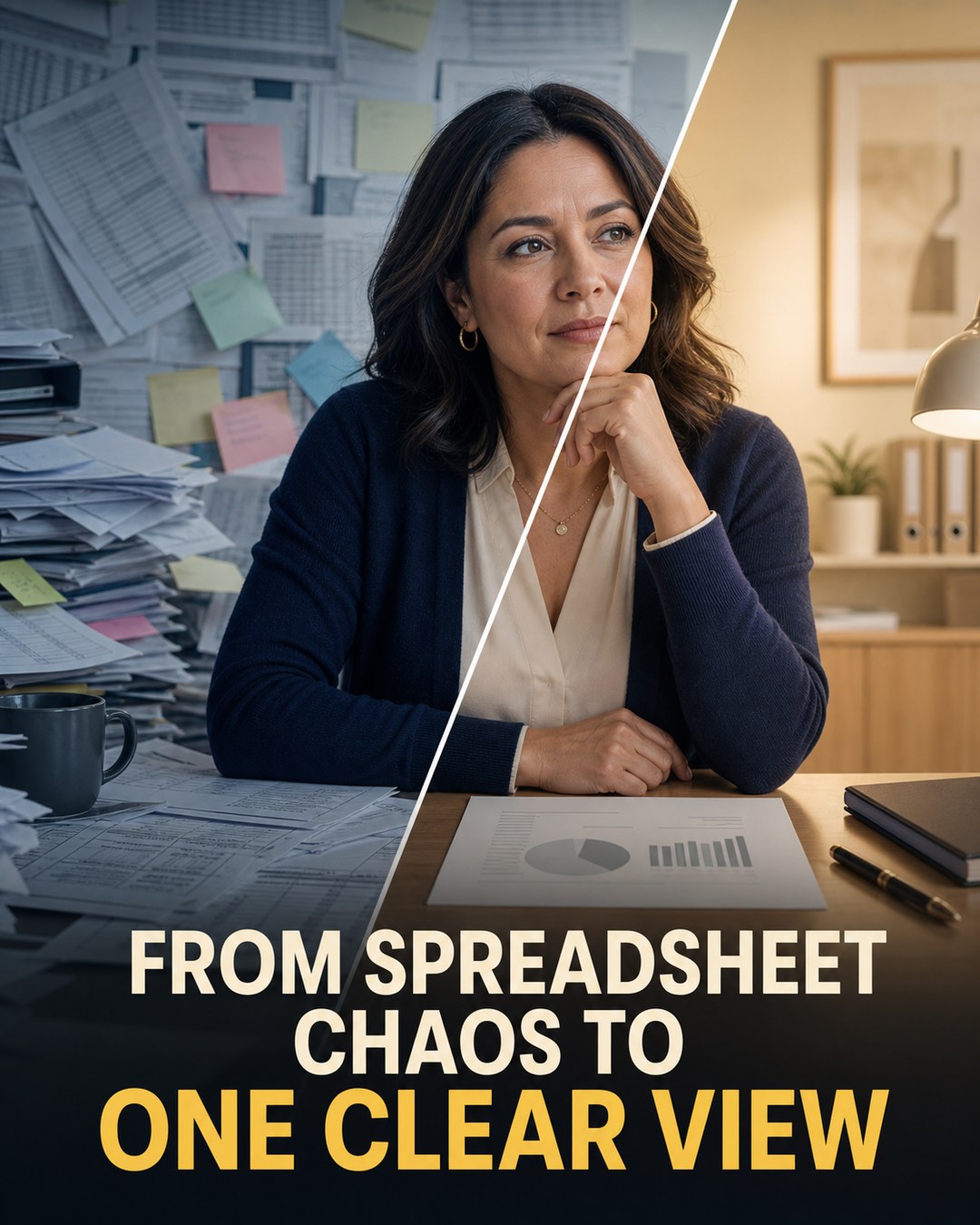 LinkedIn graphic reading “FROM SPREADSHEET
CHAOS TO
ONE CLEAR VIEW” over a woman seated at a desk split diagonally between a chaotic messy office and a clean organised workspace
