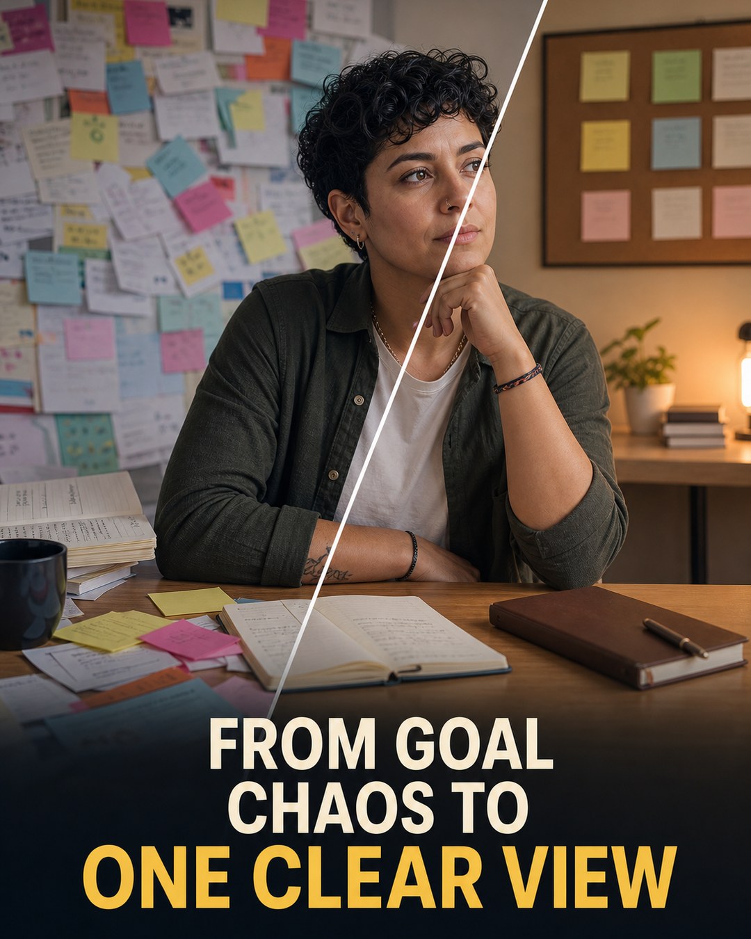 LinkedIn graphic reading “FROM GOAL CHAOS TO ONE CLEAR VIEW” over a person sitting at a desk split diagonally between a chaotic workspace and an organized workspace