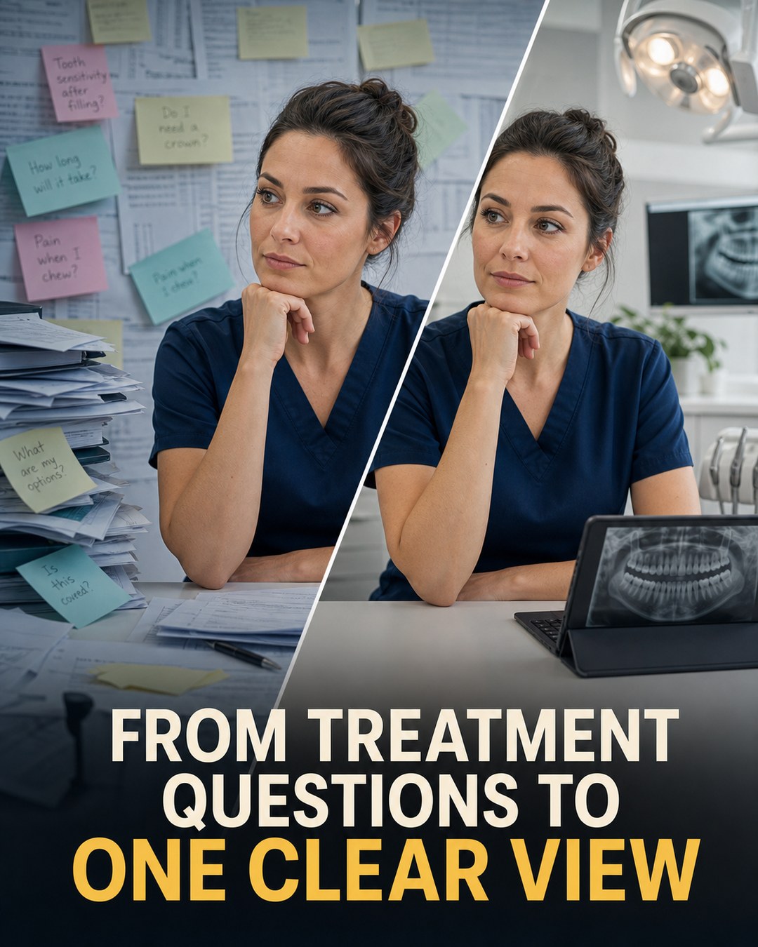 LinkedIn graphic reading “FROM TREATMENT QUESTIONS TO ONE CLEAR VIEW” over a split-screen comparison of a female dentist surrounded by messy paperwork versus working cleanly with a digital tablet