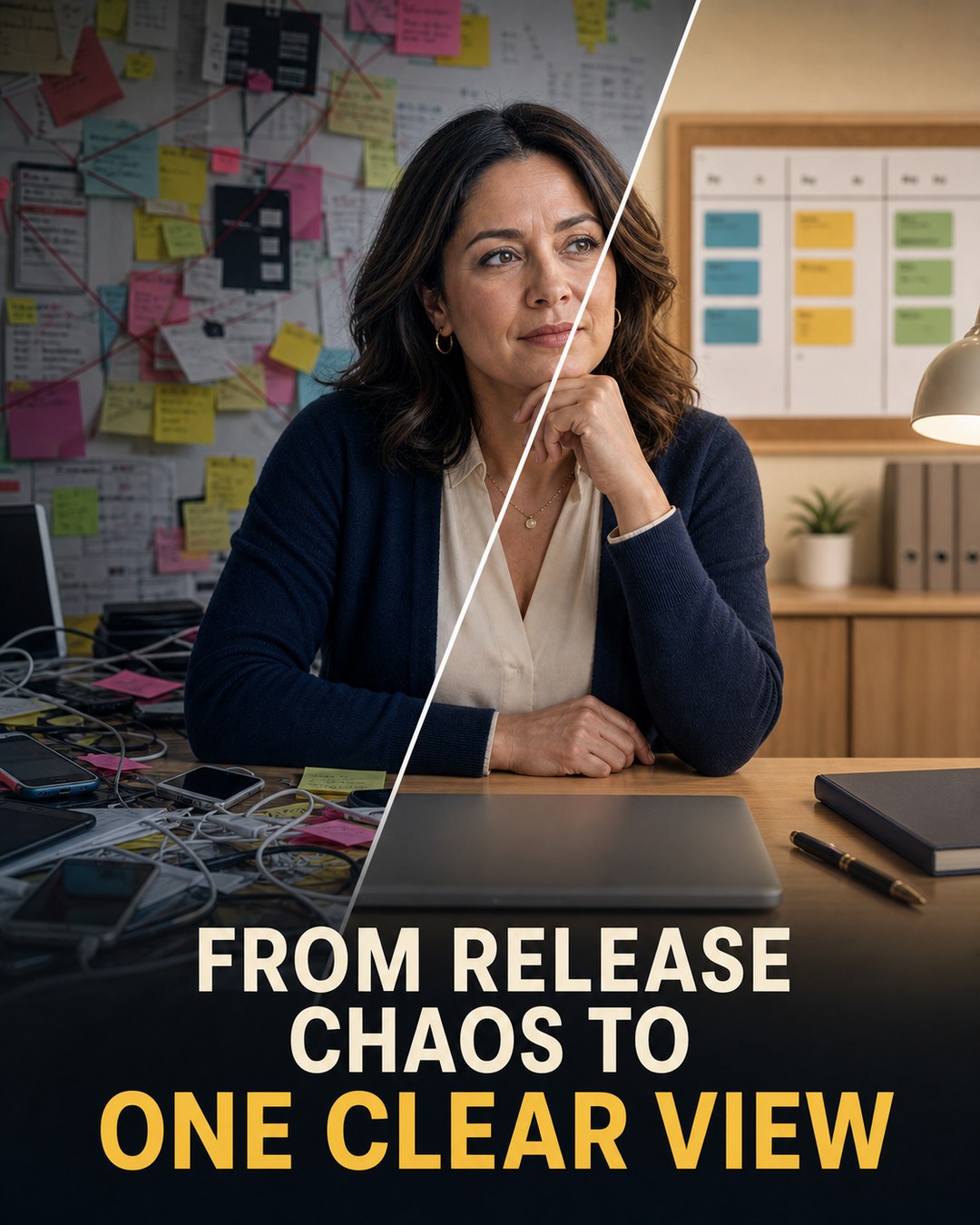 LinkedIn graphic reading “FROM RELEASE CHAOS TO ONE CLEAR VIEW” over a woman seated at a desk with a diagonal split showing a chaotic office on the left and a calm, organized office on the right