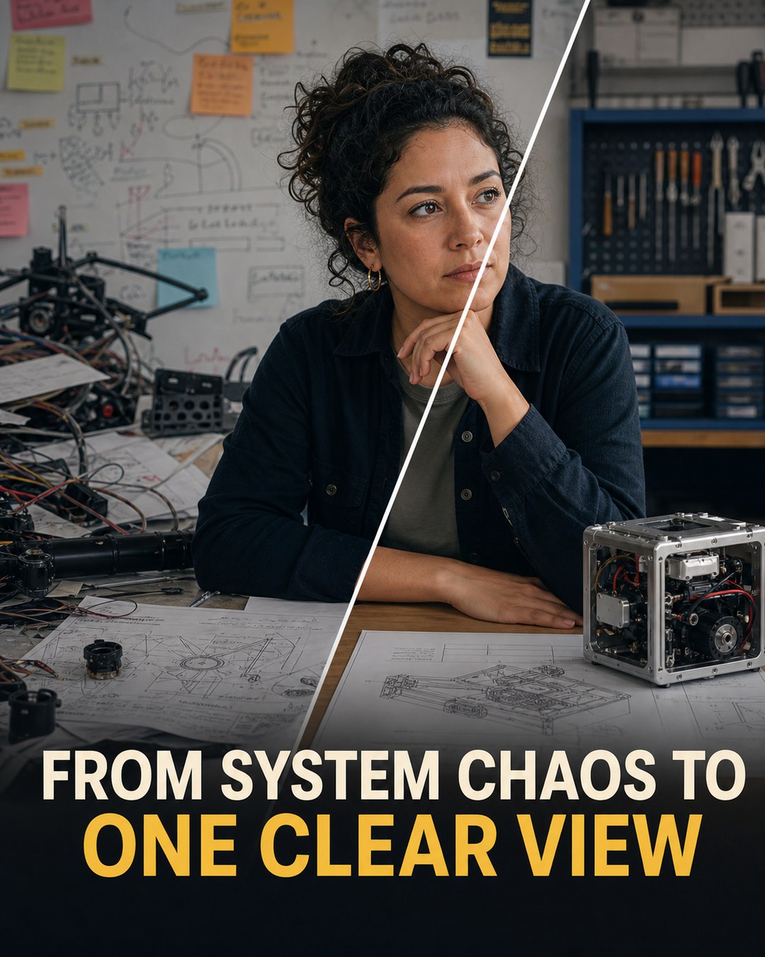 LinkedIn graphic reading “FROM SYSTEM CHAOS TO ONE CLEAR VIEW” over a female engineer sitting at a desk split diagonally between messy prototype wires and an organized hardware device
