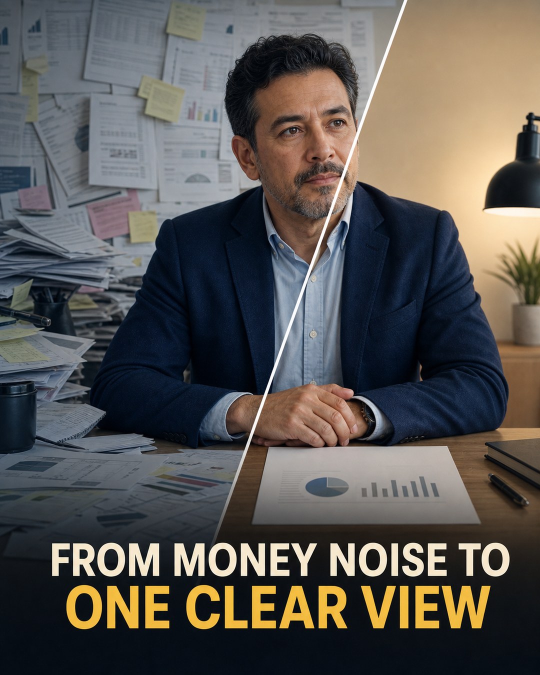 LinkedIn graphic reading “FROM MONEY NOISE TO ONE CLEAR VIEW” over a businessman at a desk split between a chaotic paper-filled office and a clean organized desk