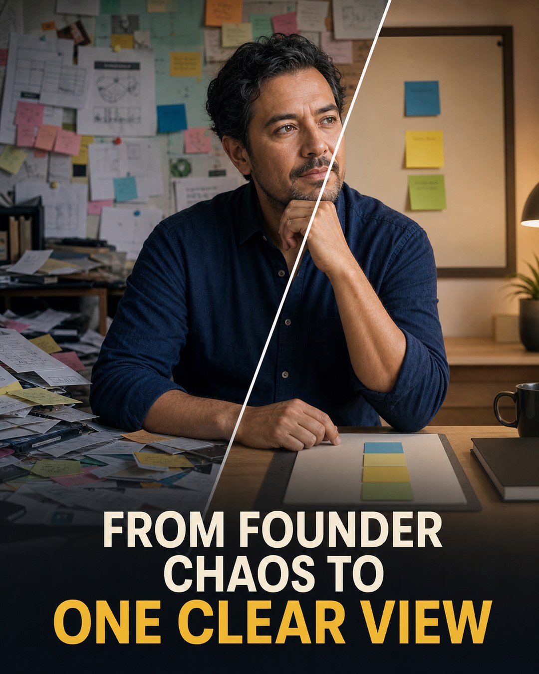 LinkedIn graphic reading “FROM FOUNDER CHAOS TO ONE CLEAR VIEW” over a man at a desk split diagonally between a chaotic cluttered office and a clean minimal workspace