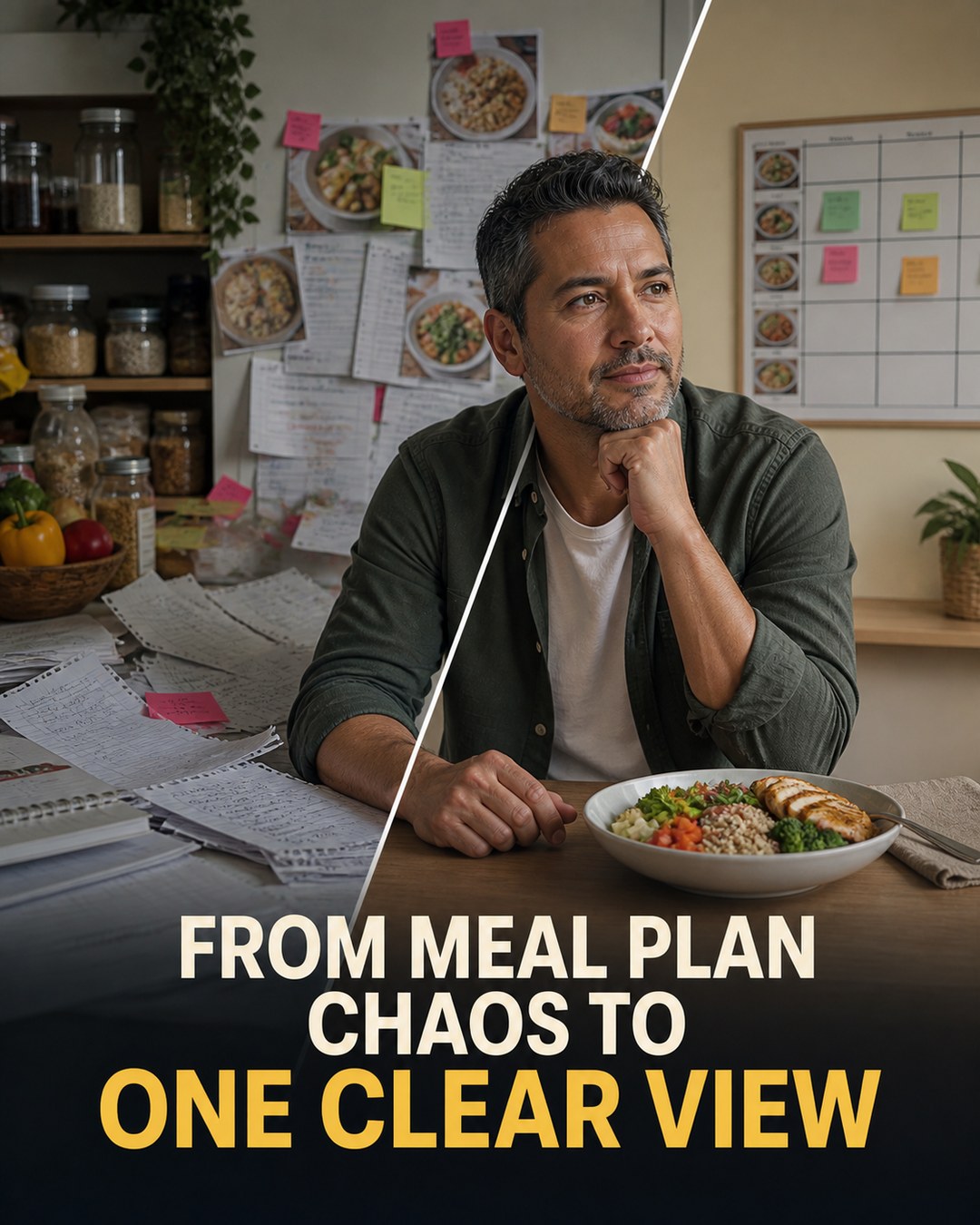 LinkedIn graphic reading “FROM MEAL PLAN CHAOS TO ONE CLEAR VIEW” over a man seated at a table split diagonally between a cluttered desk and an organized kitchen