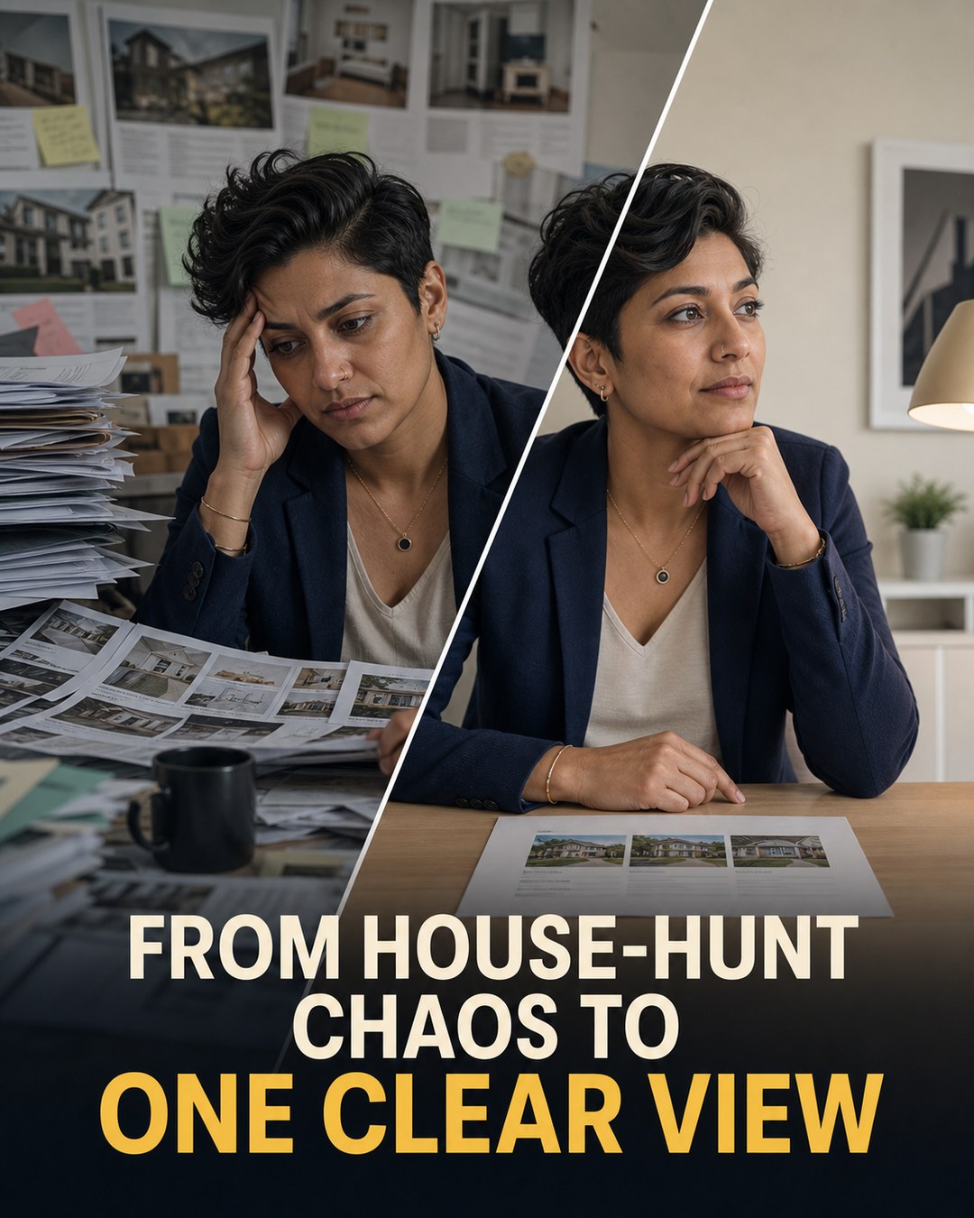 LinkedIn graphic reading “FROM HOUSE-HUNT CHAOS TO ONE CLEAR VIEW” over a split view of a woman stressed at a cluttered desk versus calm at an organized desk
