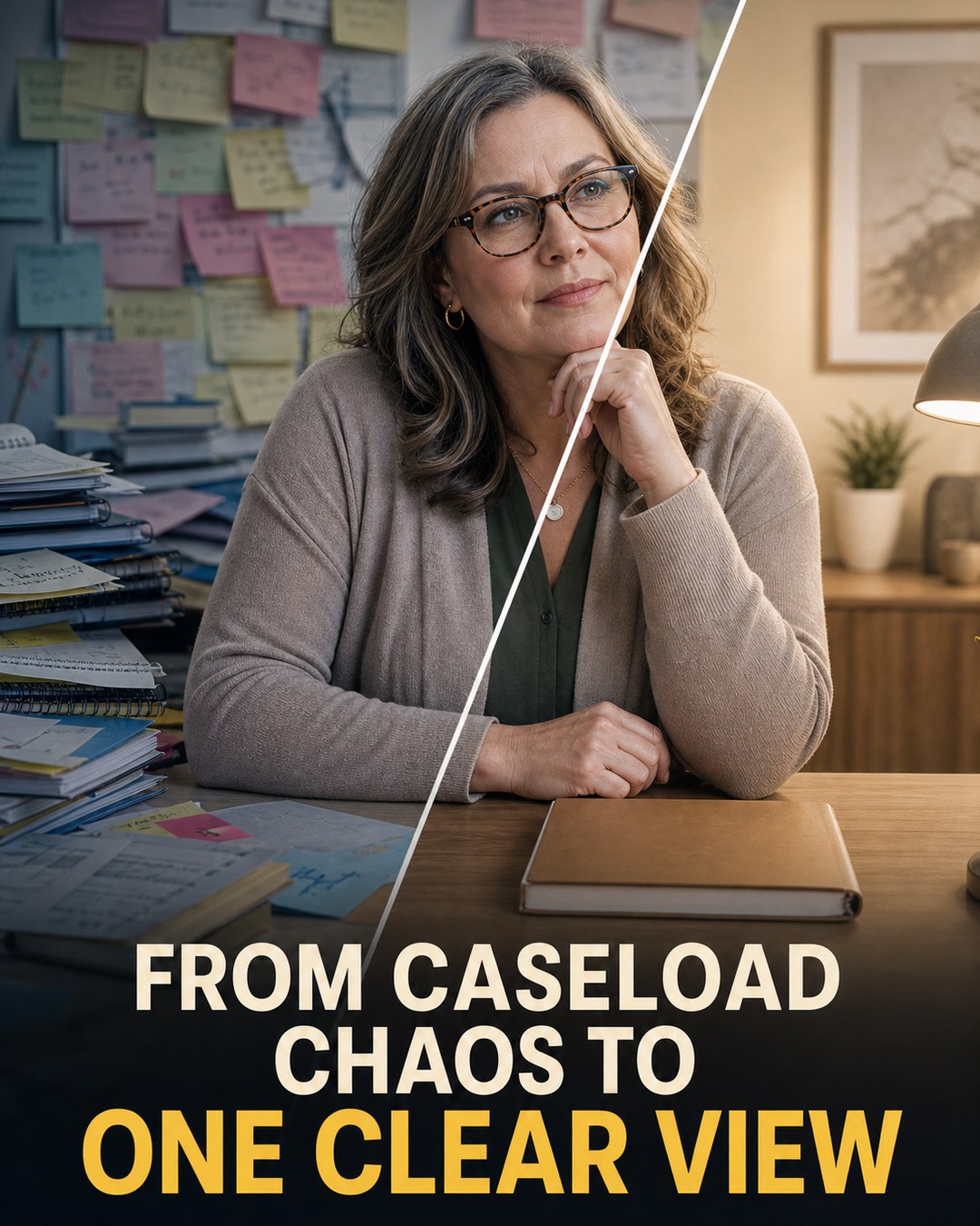 LinkedIn graphic reading “FROM CASELOAD CHAOS TO ONE CLEAR VIEW” over a woman at a desk split diagonally between a cluttered, chaotic office and a clean, serene workspace