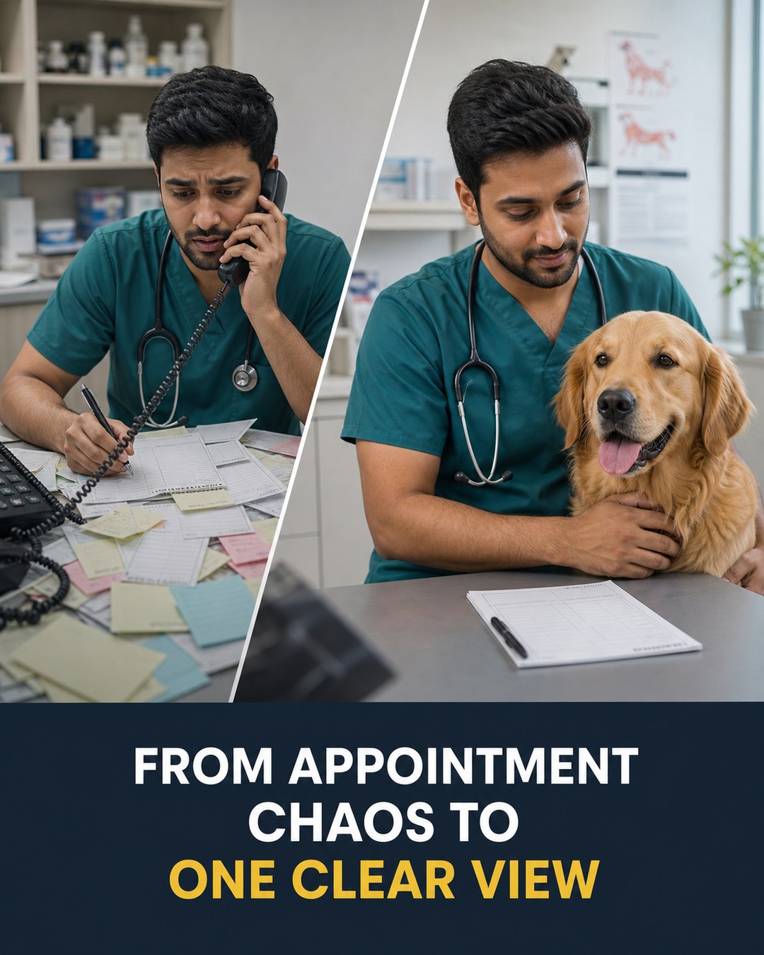 LinkedIn graphic reading “FROM APPOINTMENT CHAOS TO ONE CLEAR VIEW” over a split screen before-and-after of a stressed vet with messy paperwork versus a relaxed vet petting a golden retriever