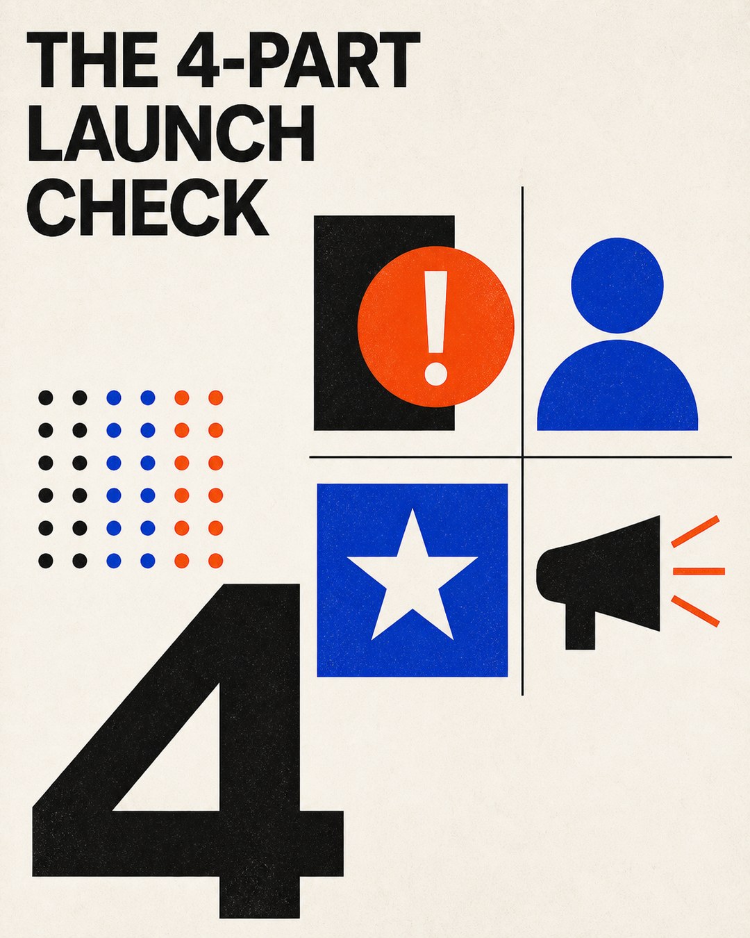 LinkedIn graphic reading “THE 4-PART
LAUNCH
CHECK” over a four-quadrant geometric icon grid with a large numeral four