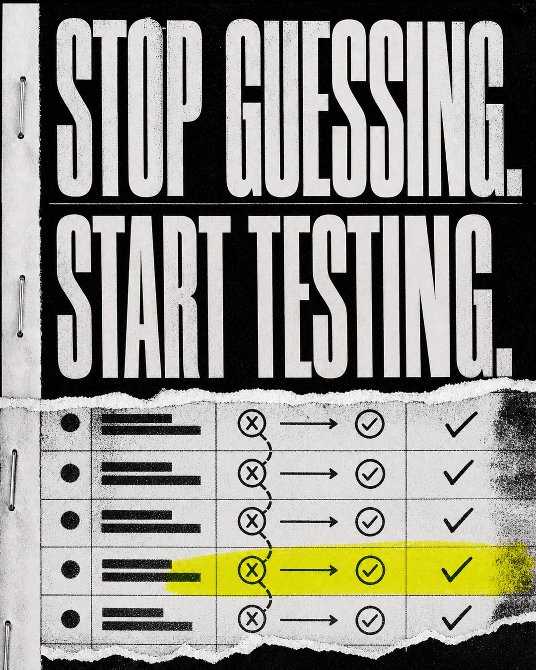 LinkedIn graphic reading “STOP GUESSING. START TESTING.” over a torn paper checklist matrix with checkmarks and yellow highlighter