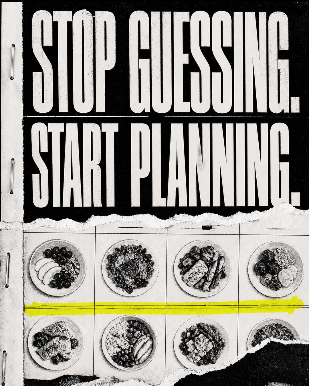 LinkedIn graphic reading “STOP GUESSING. START PLANNING.” over a grid of meal prep bowls across a planner sheet with a highlighter streak